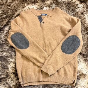 Matt Totillo Classic Tan V-Neck Sweater with Gray Elbow Patches